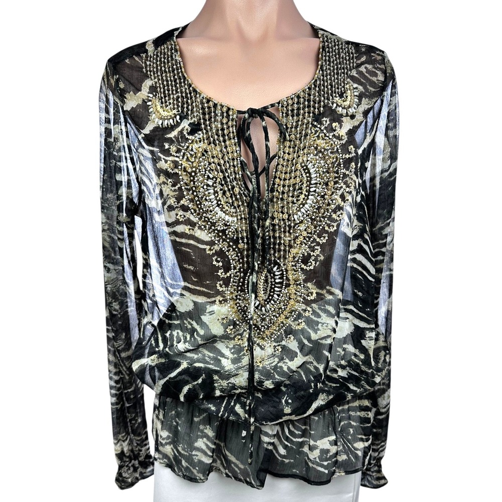 Cache Sheer Pullover Blouse Size L Beaded Long Sleeves Elastic at Hem Polyester